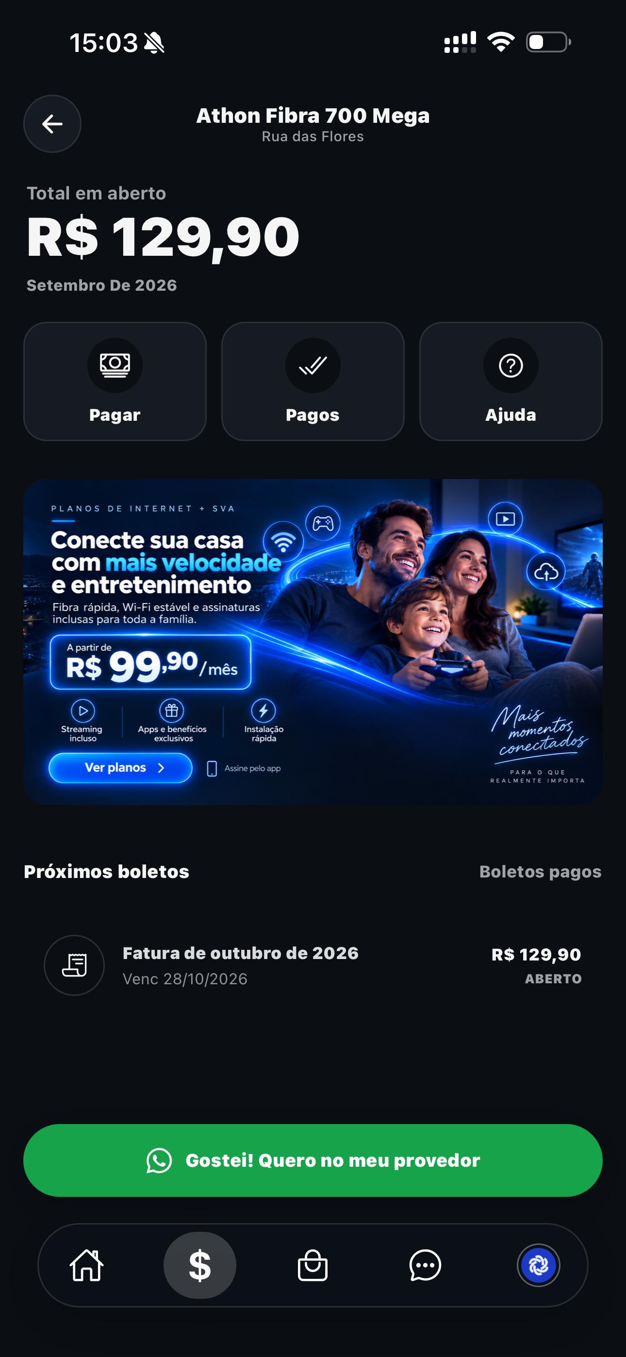 Tela de faturas do aplicativo Conex para assinantes