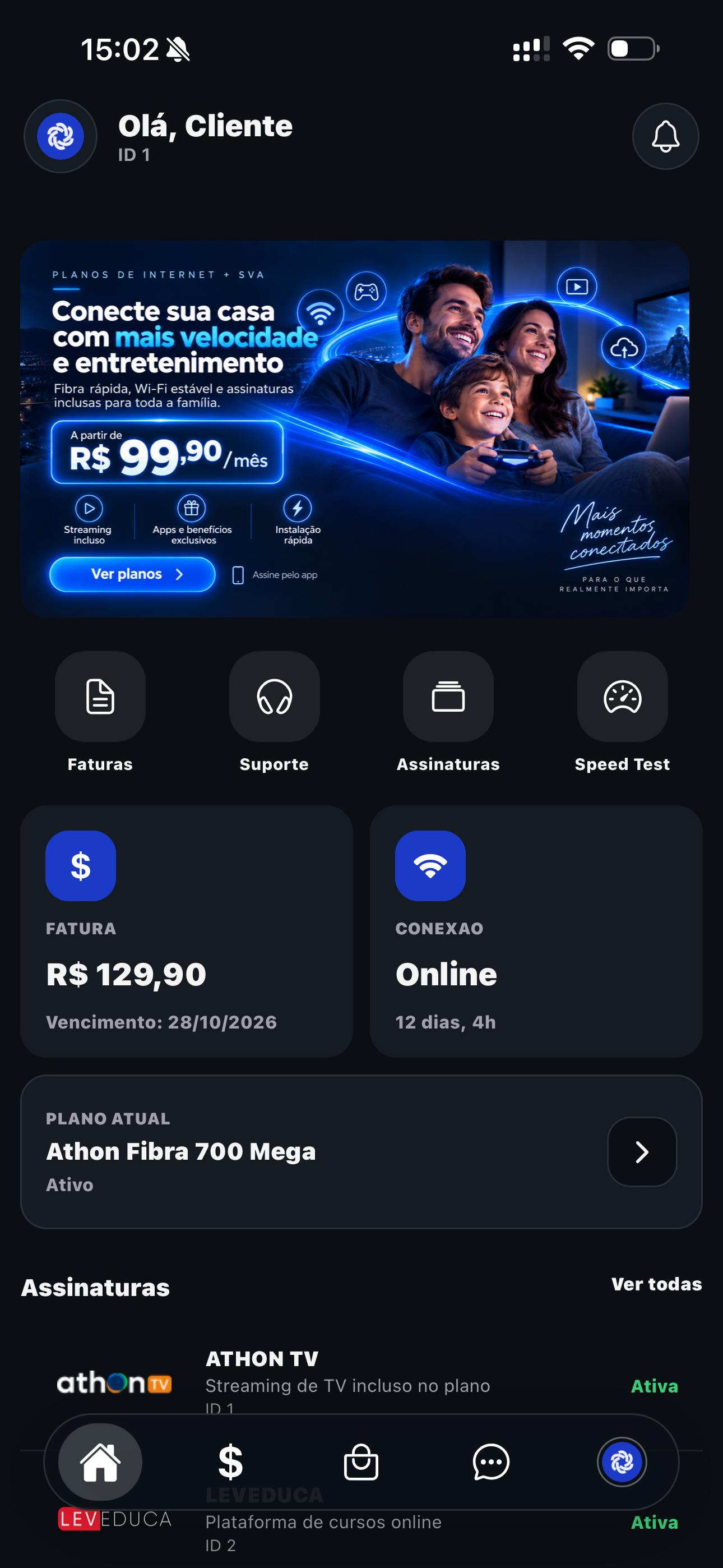 Tela inicial do aplicativo Conex para assinantes