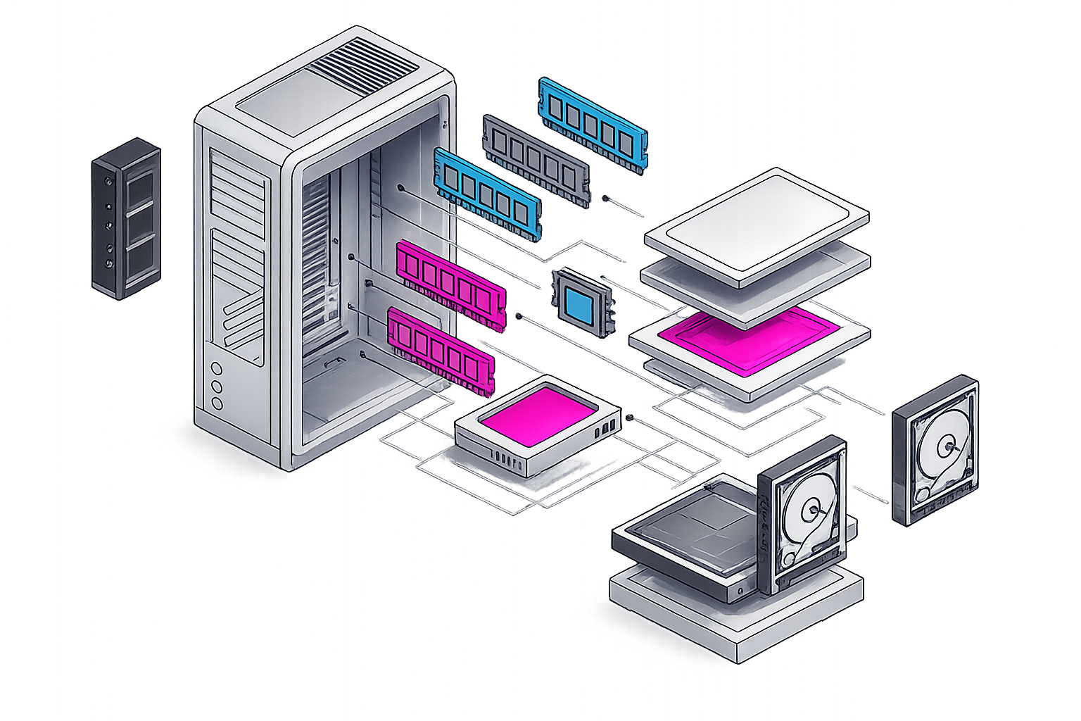 Foto de components separados que juntos formam um servidor